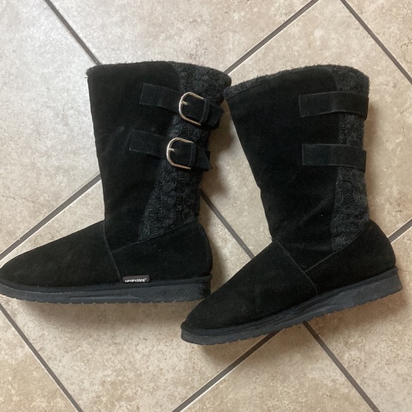 MukLuks size 9 black faux suede boots; 2 outside working silver buckles; 13 1/4” - Picture 6 of 10